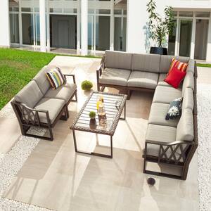 Wicker Brown 9-Piece Wicker Patio Conversation Set with Gray Cushions