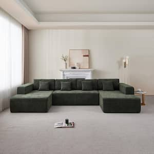 137.79 in Wide Square Arm Chenille U-Shaped Modern Upholstered Sofa in Green with 4-Pillows