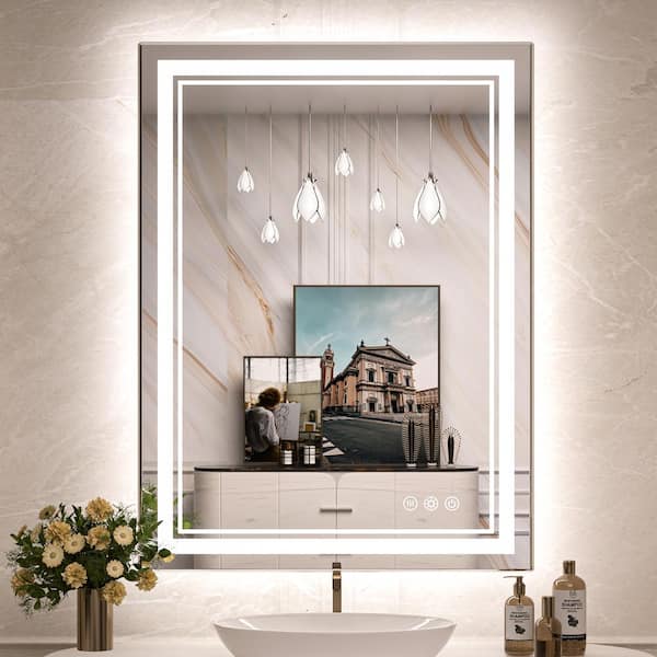 KeonJinn 24 in. W x 32 in. H Rectangular Frameless LED Light Anti-Fog Wall Bathroom Vanity Mirror with Frontlit and Backlit