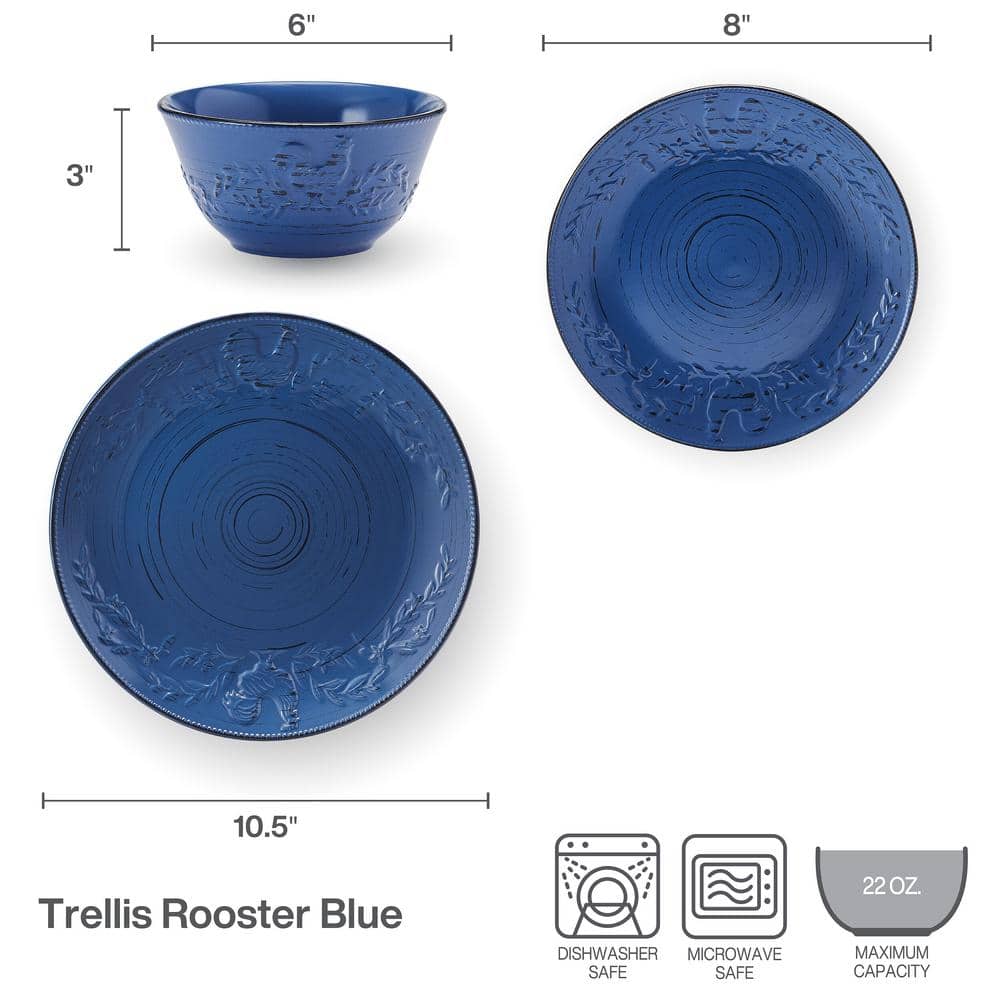 Trellis Blue Ceramic Rooster 12-Piece Dinnerware Set