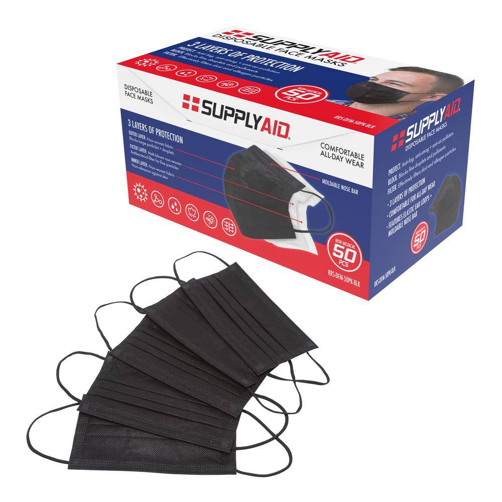 SUPPLYAID 3Layer Disposable Face Masks, Black (50Count) RRSDFM50PKBLK The Home Depot