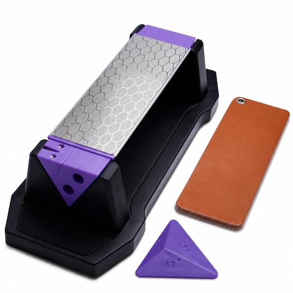 10.63 in. 400/1000/8000-Grit Diamond Ceramic 3-Sided Whetstone with Angle Guide, Non-Slip Base and Leather Strop