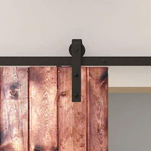 137.75 in. Black Solid Steel Barn Door Hardware Kit for Double Wood Doors with Adjustable Floor Guides (2-Piece Rails)