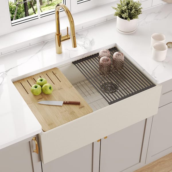 Grit Yellow 30 in. Farmhouse Apron Front Single Bowl Concrete Workstation Kitchen Sink with Accessories
