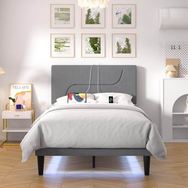 VECELO Upholstered Bed Frame with LED Lights, Velvet Headboard and Charging Station, Noise-Free Platform Bed, Gray Twin Bed