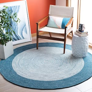 Braided Teal Ivory 6 ft. x 6 ft. Border Striped Round Area Rug