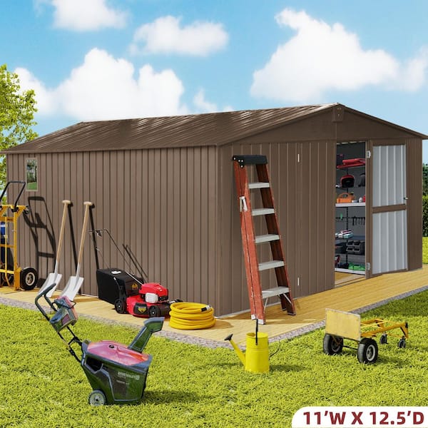 11 ft. W x 12.5 ft. D Outdoor Metal Shed Tool Storage with Galvanized Steel Frame, Windows, Brown (137.5 sq. ft.)