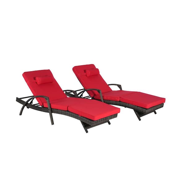 SereneVita Wicker Outdoor Chaise Lounge Chairs with Red Cushions, Pool Sunbathing Recliner up to 150° for Outside Pool, Set of 2