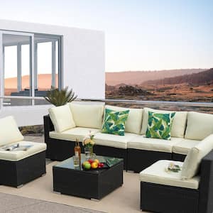 7 Piece PE Wicker Outdoor Sectional Sofa Set Patio Conversation Set in Beige Cushion