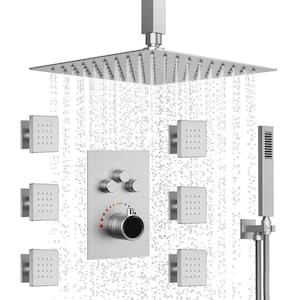 Thermostatic Shower System 7-Spray Ceiling Mount Square Shower Head with 6-Jets in Brushed Nickel (Valve Included)