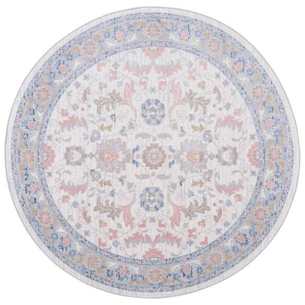 SAFAVIEH Bayside Beige/Blue 5 ft. x 5 ft. Machine Washable Washable Traditional Floral Round Area Rug