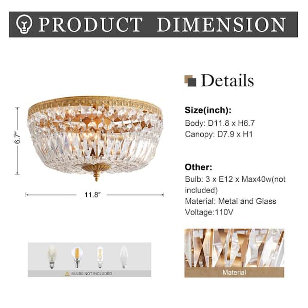 Jojospring Joy 11.8 in. W 3 Light Brushed Brass Basket Flush Mount