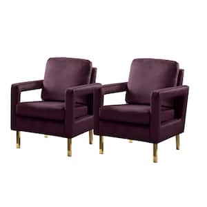 Anika Modern Purple Comfy Velvet Arm Chair with Stainless Steel Legs and Square Open-framed Arm (Set of 2)