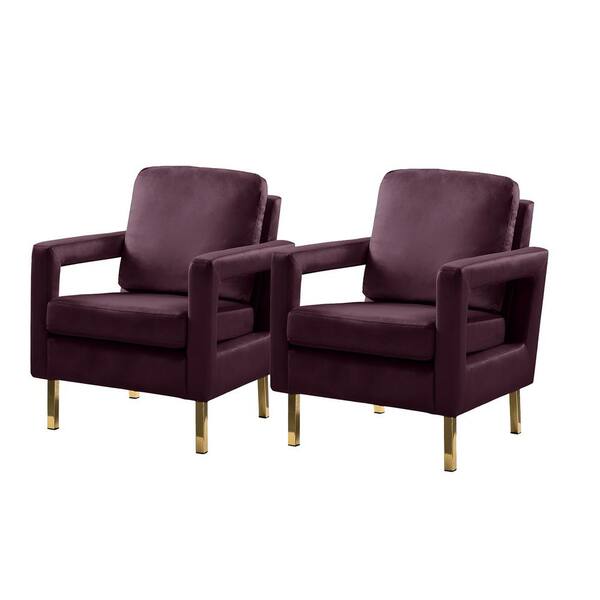 JAYDEN CREATION Anika Modern Purple Comfy Velvet Arm Chair with Stainless Steel Legs and Square Open-framed Arm (Set of 2)