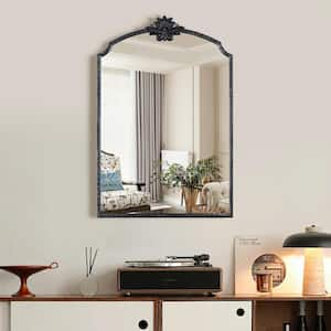 20 in. W x 30 in. H Arched Framed Floating Bathroom Vanity Mirror in Retro Black Carved Finshed