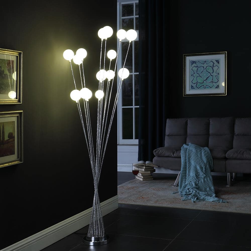 61.5" Silver Chrome Multi-Arm LED Floor Lamp with Glass Orbs