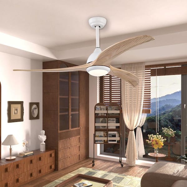 52 in. Integrated LED Indoor Matte White Ceiling Fan with Light and Remote 6-Speed DC Motor with 3 Wooden Blades