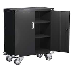 32.3 in. W x 35.4 in. H x 16 in. D 2-Shelves Metal Rolling Garage Storage Cabinet, Steel Freestanding Cabinet in Black