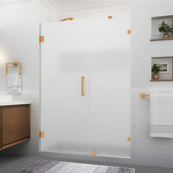 Aston Nautis XL 53.25 in. to 54.25 in. W x 80 in. H Hinged Frameless Shower Door in Brushed Gold w/Ultra-Bright Frosted Glass