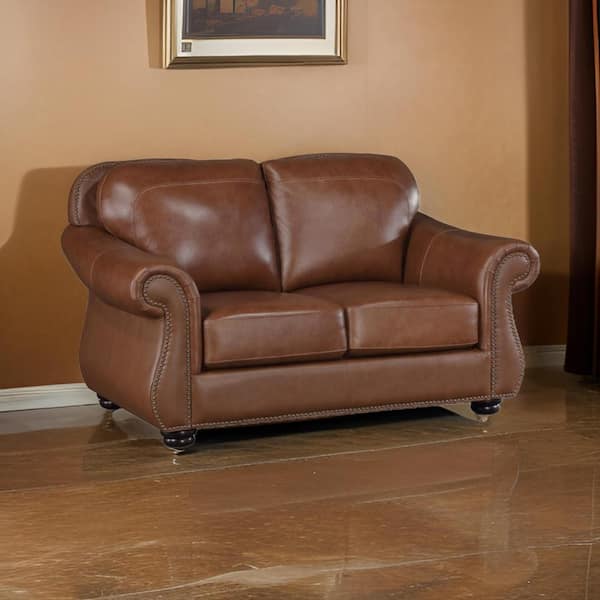 Benjara 40 in. Camel Brown and Espresso Brown Faux Leather 2-Seater Loveseat