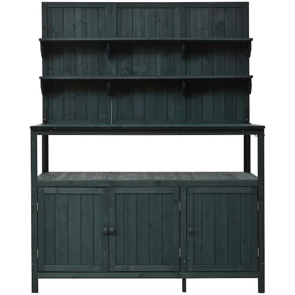 50.2 in. W x 65.4 in. H Green Fir Wood Potting Bench with Hutch, 2 Shelves, 2 Cabinets, 3 Side Hooks