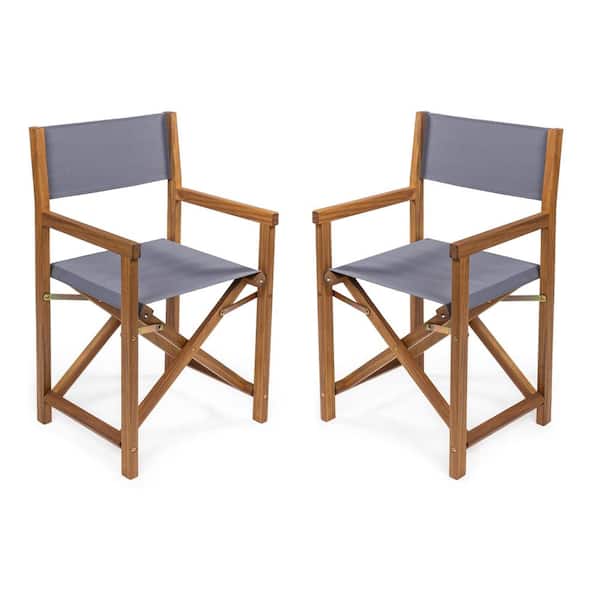 Cukor Classic Vintage Outdoor Acacia Wood Folding Director Chair with Canvas Seat, Gray/Teak Brown (Set of 2)