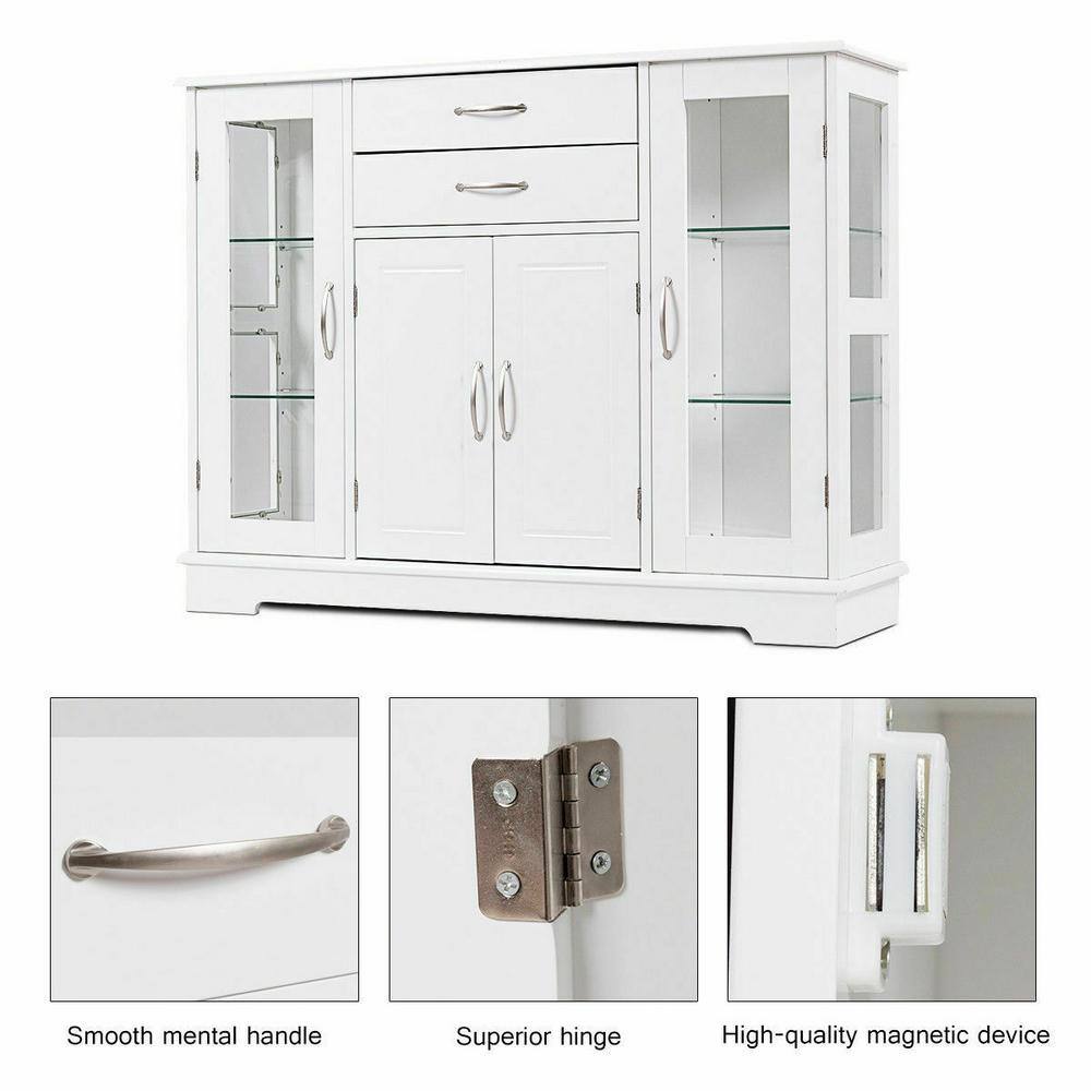 White Buffet Storage Cabinet with Glass Doors and Drawers
