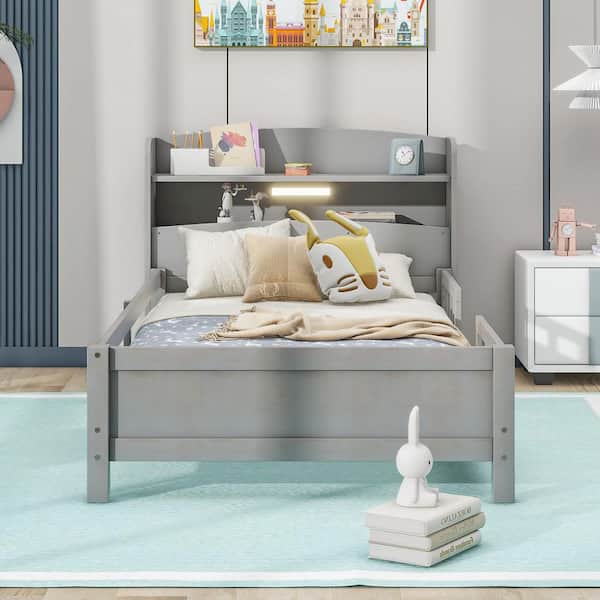 Antique Gray Wood Frame Twin Size Platform Bed with Built-in LED Light, Storage Headboard and Guardrail
