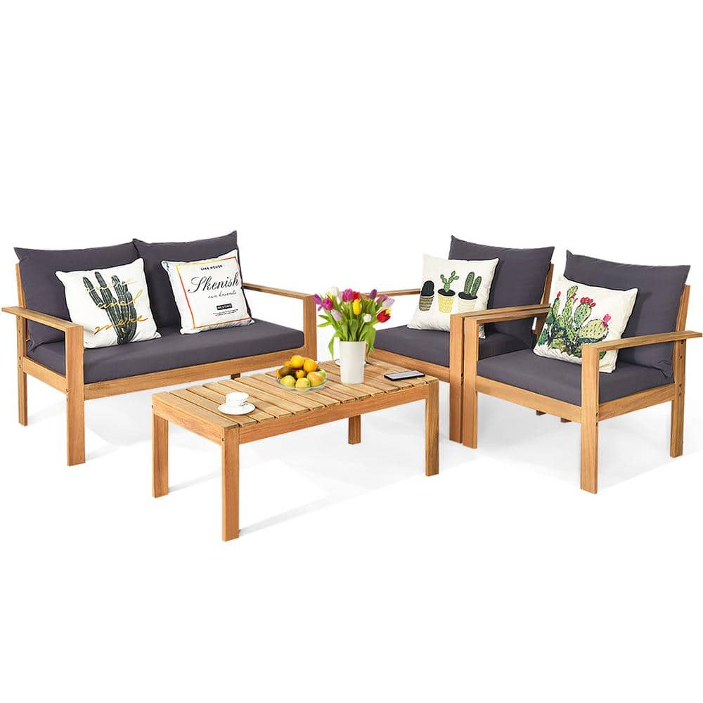 Costway Patio 4pcs Acacia Wood Conversation Table & Chair Set Hand-Woven  Rope Outdoor