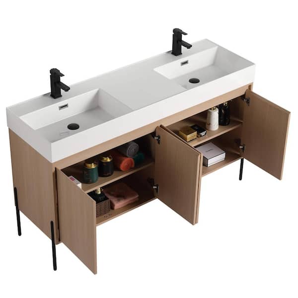 Crownpoint 60 in. Freestanding Double White Oak Bathroom Vanity with White Acrylic Sink Top Unassembled