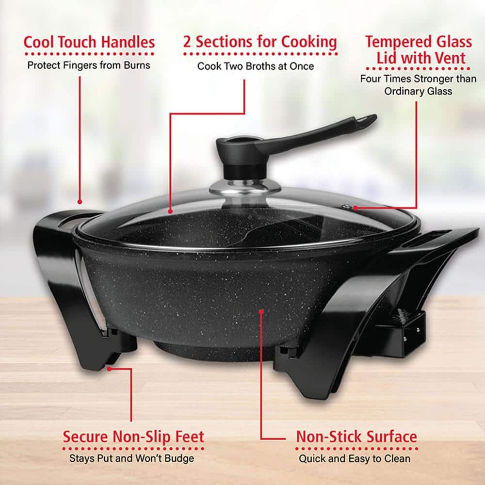 Black Electric Non-Stick Shabu Shabu Hot Pot with Glass Lid