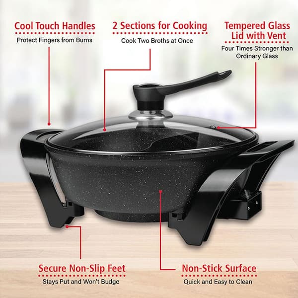 6 Qt. Black Electric Shabu Shabu Pot with Divider