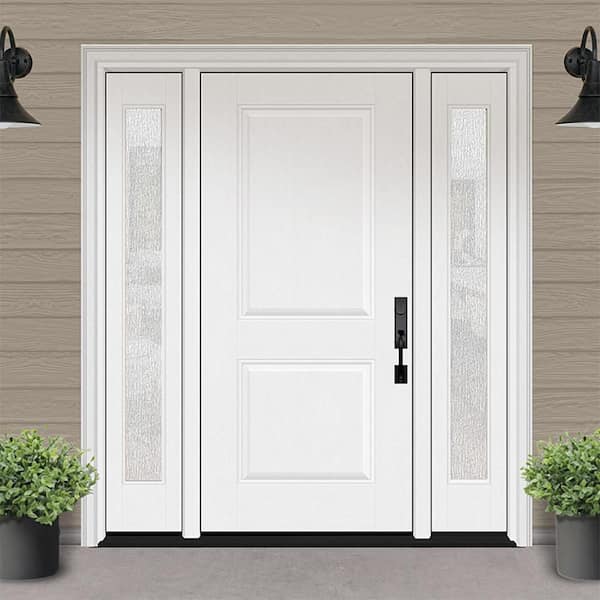 Regency 64 in. x 80 in. 2P Squaretop LHIS Unfinished White Mahogany Fiberglass Prehung Front Door w/Rain12in. SLs 6-9/16