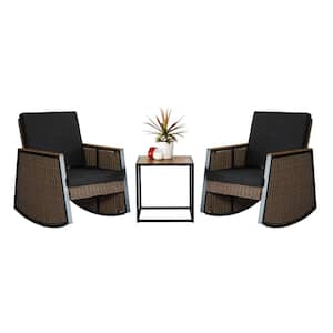 Madrid Brown 3-Piece Wicker Steel Outdoor Rocking Chat Set with Brown Cushions