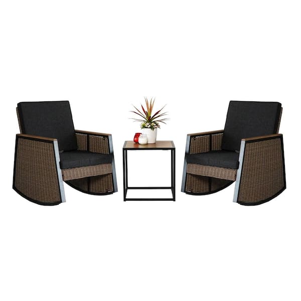 MADE 4 HOME Madrid Brown 3-Piece Wicker Steel Outdoor Rocking Chat Set with Brown Cushions