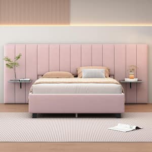 Oversize Headboard Pink Wood Frame Queen Velvet Upholstered Platform Bed with Bedside Storage Shelves