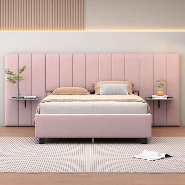 Harper & Bright Designs Oversize Headboard Pink Wood Frame Queen Velvet Upholstered Platform Bed with Bedside Storage Shelves