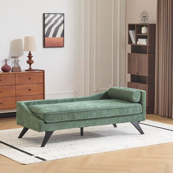 Frederica Modern Green Polyester Upholstered Chaise Lounge with Rolled Pillow and Birch Wood Legs