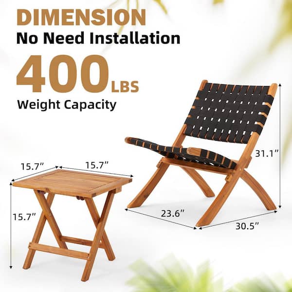 3-Piece Outdoor Bistro Set, Acacia Wood Patio Furniture Set with Coffee Table & Folding Chairs