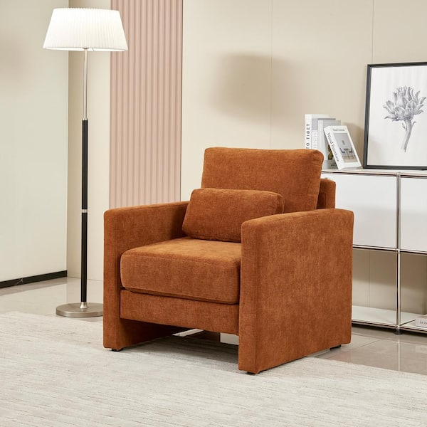 Orange Modern Accent Chair Chenille Upholstered Cozy Comfy Armchair with Pillow Single Club Sofa Chairs Solid Wood Frame