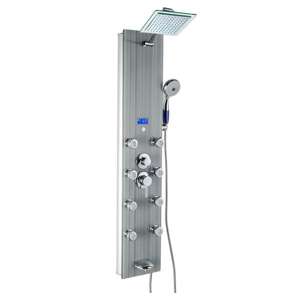 AKDY 52 in. 8-Jet Shower Panel System in Gray Tempered Glass with Rainfall Shower Head, LED Display, Handshower and Tub Spout