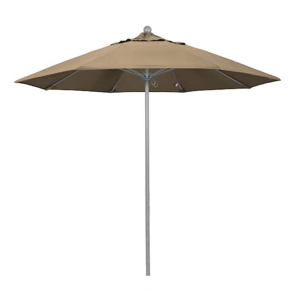California Umbrella 9 ft. Gray Woodgrain Aluminum Commercial Market Patio Umbrella Fiberglass Ribs and Push Lift in Heather Beige Sunbrella