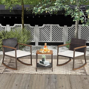 3-Piece Patio Rattan Wicker Rocking Chair Outdoor Bistro Set Armrest with Off White Cushions Table with Storage Shelf