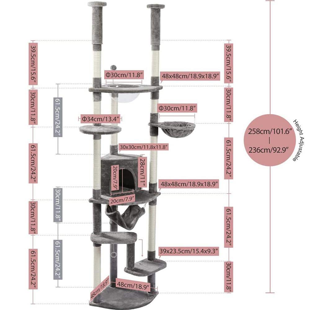 Gray Height Adjustable Floor to Ceiling Cat Tree with Sisal Posts