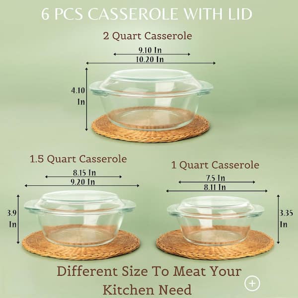 3 Sizes Round Borosilicate Glass Microwaveable Cookware with Lids for Oven, Cooking, Serving & Storage (6-Pack)