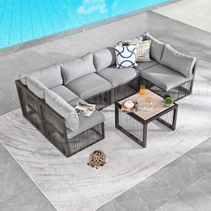 7-Piece Wicker Patio Conversation Sectional Seating Set with Gray Cushions