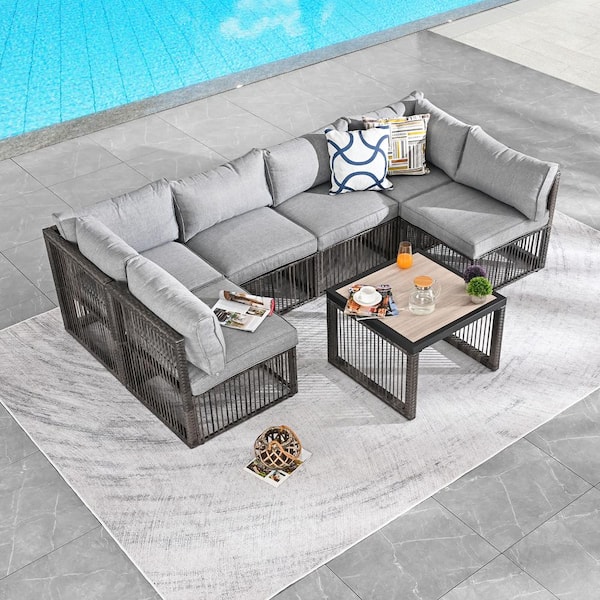 Patio Festival 7-Piece Wicker Patio Conversation Sectional Seating Set with Gray Cushions