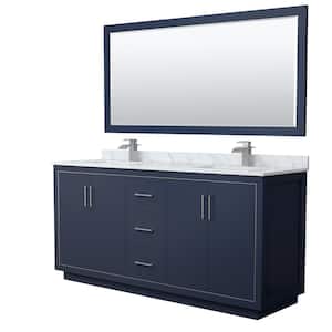 Icon 72 in. W x 22 in. D x 35 in. H Double Bath Vanity in Dark Blue with White Carrara Marble Top and 70" Mirror