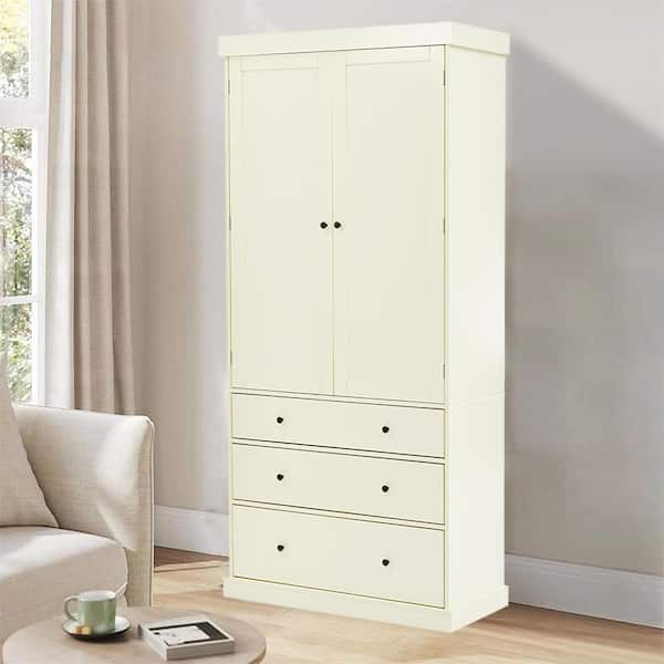 35 in. W x 17.7 in. D x 77 in. H Cream White Linen Cabinet with 3 Adjustable Shelves, 8 Door Shelves, 3 Drawers