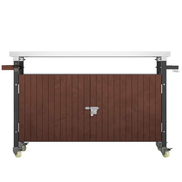 Brown Metal 52.7 in. Kitchen Island with Wheels and Spice Rack for Kitchen